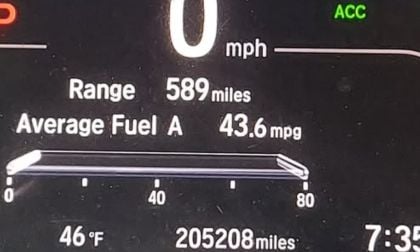 A 2021 Honda CR-V dashboard showing speed 0 mph, range 589 miles, average fuel 43.6 mpg, temperature 46°F, odometer 205,208 miles. Time is 7:35.