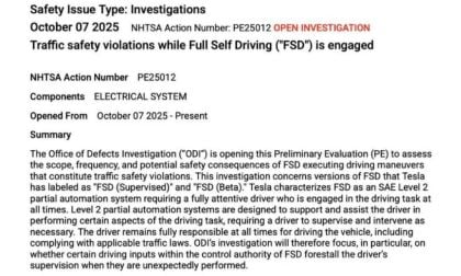 A document titled "Safety Issue Type: Investigations" dated October 7, 2025, about NHTSA's investigation into safety concerns with Tesla's Full Self Driving system.