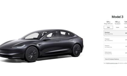 A black Tesla Model 3 with aerodynamic design on the left. On the right, a Model 3 pricing list shows options like Standard and Performance.