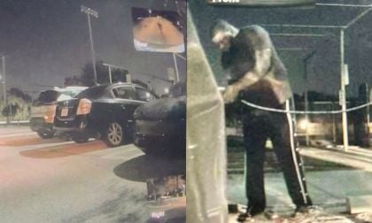 A nighttime scene split in two: left shows parked cars under streetlights, right captures a person in a hooded sweatshirt leaning over, illuminated by headlights. The mood is mysterious and tense.