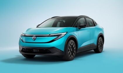 Exterior photo of 3rd generation blue Nissan LEAF three quarter view