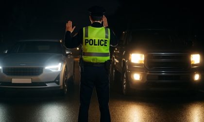 Polestar 2 and pickup truck being stopped by cop to check headlights