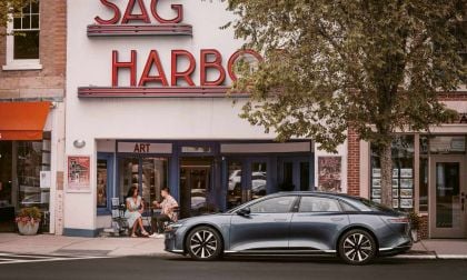 Lucid Air in front of a building in California