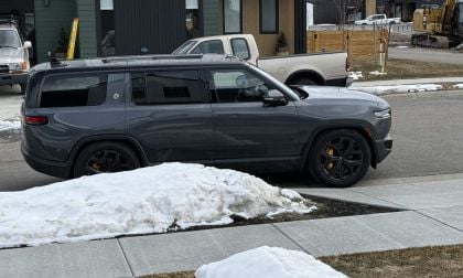 Rivian R1s on Street with snow