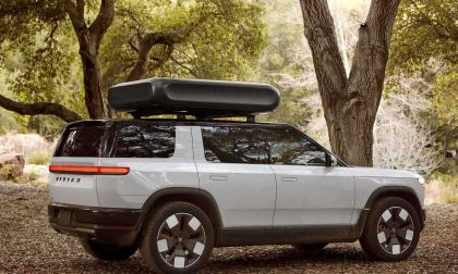 Rivian R2 in White with luggage Rack