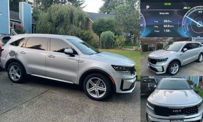 Silver Kia Sorento PHEV from multiple angles and dashboard displaying MPG