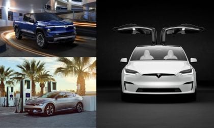 Blue Chevy Silverado EV, white Tesla Model X, silver Kia EV6