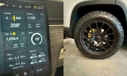 Split image showing a Rivian's digital dashboard and a close-up of a black wheel. The dashboard displays various metrics like direction, battery, and tire pressure. The wheel is rugged with visible tread and a yellow brake caliper. The image conveys a modern automotive theme.