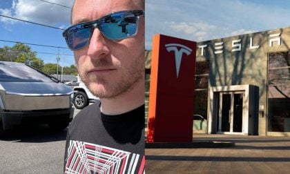 Tesla Cybertruck Owner next to Cybertruck and Tesla Dealership 