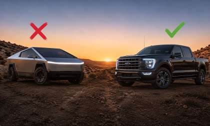 Tesla Cybertruck next to a 2023 Ford F-150 PowerBoost XLT