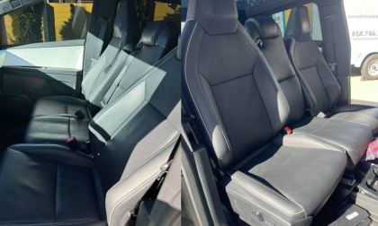 Tesla Cybertruck custom interior with three front seats, black leather upholstery, and center front seat modification for large families