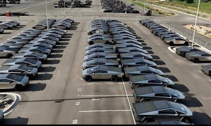 Tesla Cybertruck vehicles parked at the manufacturer's outbound parking lot