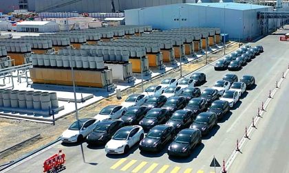 Tesla Giga Berlin Model Y vehicles lined up at Giga Berlin EV factor
