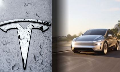 Tesla Model Y with Tesla logo next to it
