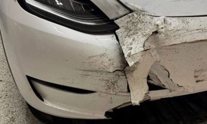 Tesla front-end damage after hitting a snowman fileld with cinder blocks
