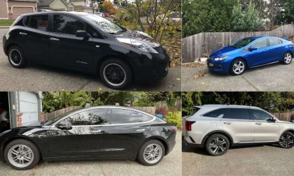2011 Nissan LEAF EV, 2017 Chevrolet Volt PHEV, 2018 Tesla Model 3 EV, 2022 Kia Sorento PHEV