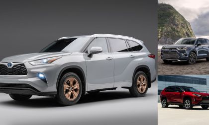 Silver Toyota Grand Highlander and red Rav 4 SUVs