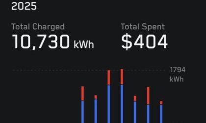 Screenshot of an energy usage dashboard showing total electricity consumption of 10,730 kWh and total cost of $404 in 2025, with a bar graph displaying monthly usage patterns in blue and red segments