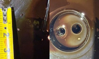 Close-up image showing two sections: left has a yellow measuring tape against a dark and metallic sparkling engine oil; right features a circular shape in a glossy brown similar oil surface.