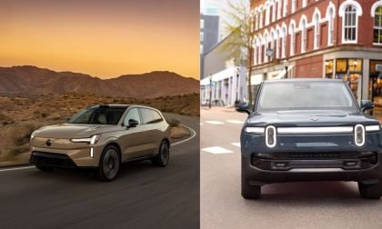 A side-by-side comparison of two electric SUVs: a gold Volvo EX90 in a desert setting and a gray Rivian in an urban street.