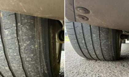 Two photos of a dirty tire from a Tesla Model Y, highlighting its rugged condition