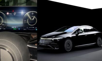 A sleek black Mercedes EQS displayed in a gallery, alongside a close-up of its high-tech dashboard and steering wheel.