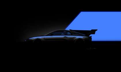 Teaser image of the Alpine A110 GT4 Evo that will take on Pikes Peak later this year. The image shows the outline of a large rear wing and rear fin like those found on WEC prototypes.