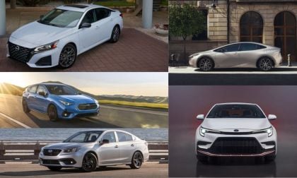 White Nissan Altima, Blue Subaru Impreza, Silver Subaru Legacy, Silver Toyota Prius, White Toyota Corolla