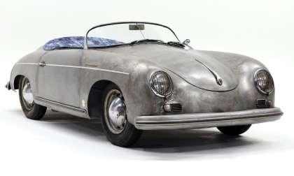 Image showing Daniel Arsham's Porsche 356 Bonsai art car with exposed body metal and denim soft top roof.