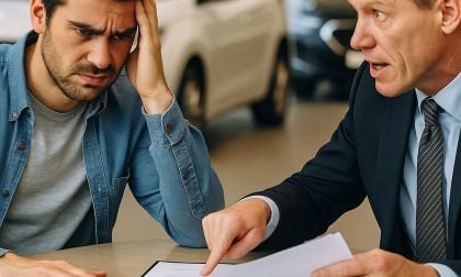 Customer having a bad time haggling with a car salesman