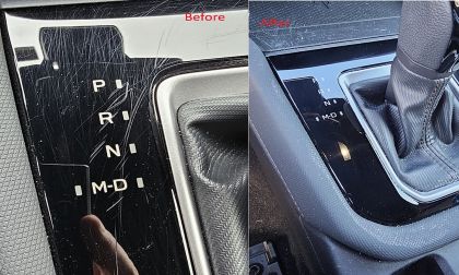 Before an after piano-black trim repair on a Subaru Forester