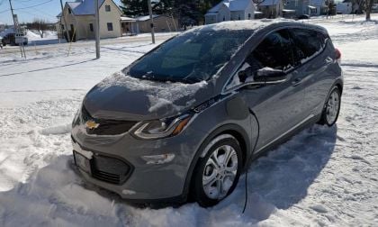 A Chevrolet Bolt charges in arctic temperatures outside