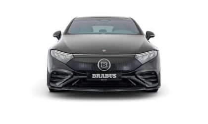 Image showing the front of the Brabus-tuned Mercedes EQS with the three-pointed star replaced by Brabus's "B" logo.