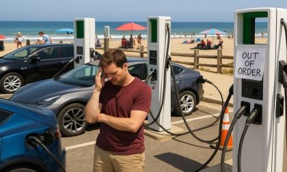 Image of EV driver at beach in front of out-of-service charger