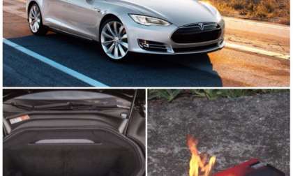 Tesla Model S similar to the 12/31/14 caught fire courtesy Tesla media. A frunk Courtesy tesa forums. A lith ion combustion courtesy YouTube.