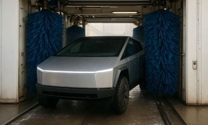 A Tesla Cybertruck exits an automated car wash