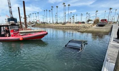 A Tesla Cybertruck is shown completely submerged in water in Ventura California