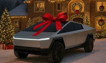 A Tesla Cybertruck is wrapped up as a holiday gift in this generated image