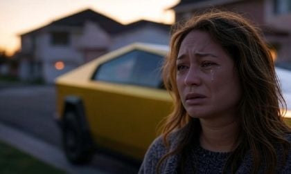 Image of woman crying standing next to Cybertruck created using Grok