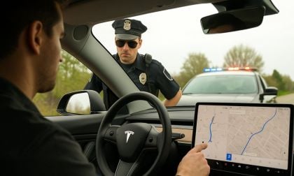 A driver getting a ticket from a police officer for using their touchscreen 