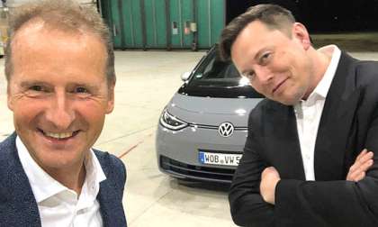 VW Chairman Herbert Diess and Tesla CEO Elon Musk after test-driving VW ID.3