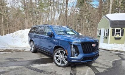 A 2026 Cadillac Escalade strikes a handsome pose in a wintery setting
