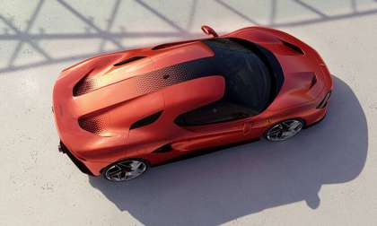 Ariel view of the new Ferrari SP48 Unica showing its arrow-shaped roof design and opaque engine cover