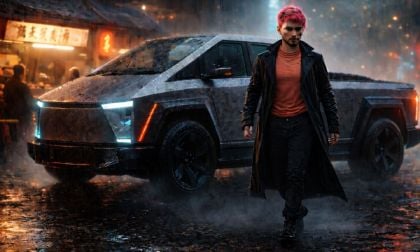 Cybertruck rendering with a Blade Runner type character