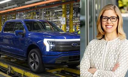 Ford CFO Sherry House and a rendering of an F-150 Lightning coming out of a Ford assembly line.