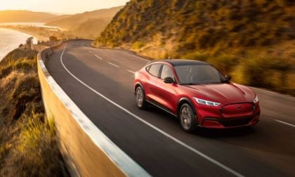 Red Ford Mach e Mustang on road 1200x675 size