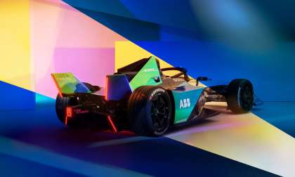 Image showing a rear view of the Gen 3 Formula E car with its LED-lined rear fins.