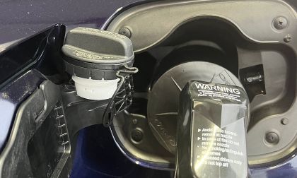 The gas cap of a Toyota hybrid is shown