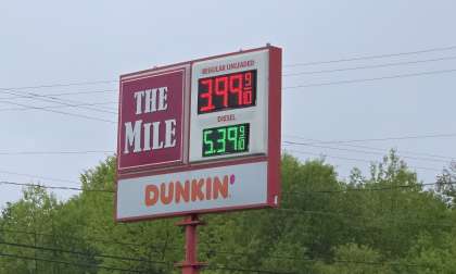 A gas price sign show $3.99 in Greenville New Hampshire