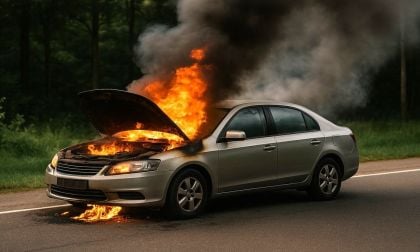gas powered vehicle on fire on the side of a road